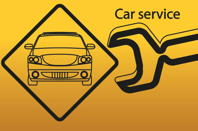 Illustration of  auto and wrench on yellow background. Car service logo
