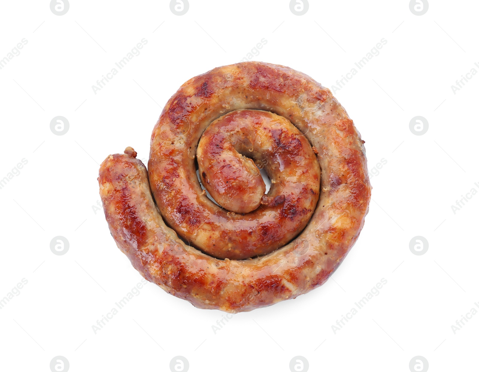 Photo of One ring of delicious homemade sausage isolated on white, top view