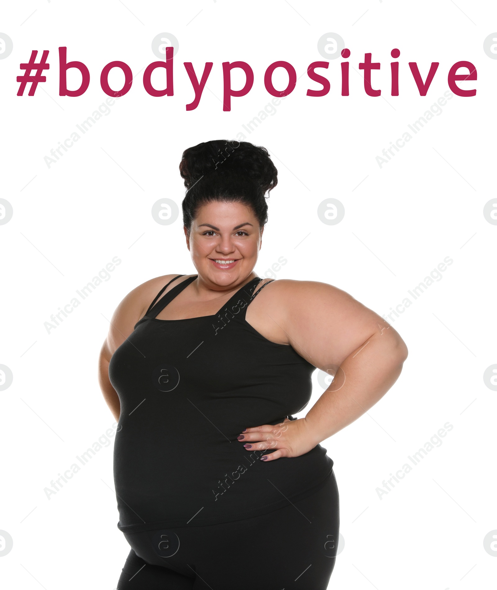 Image of Beautiful woman and hashtag Bodypositive on white background