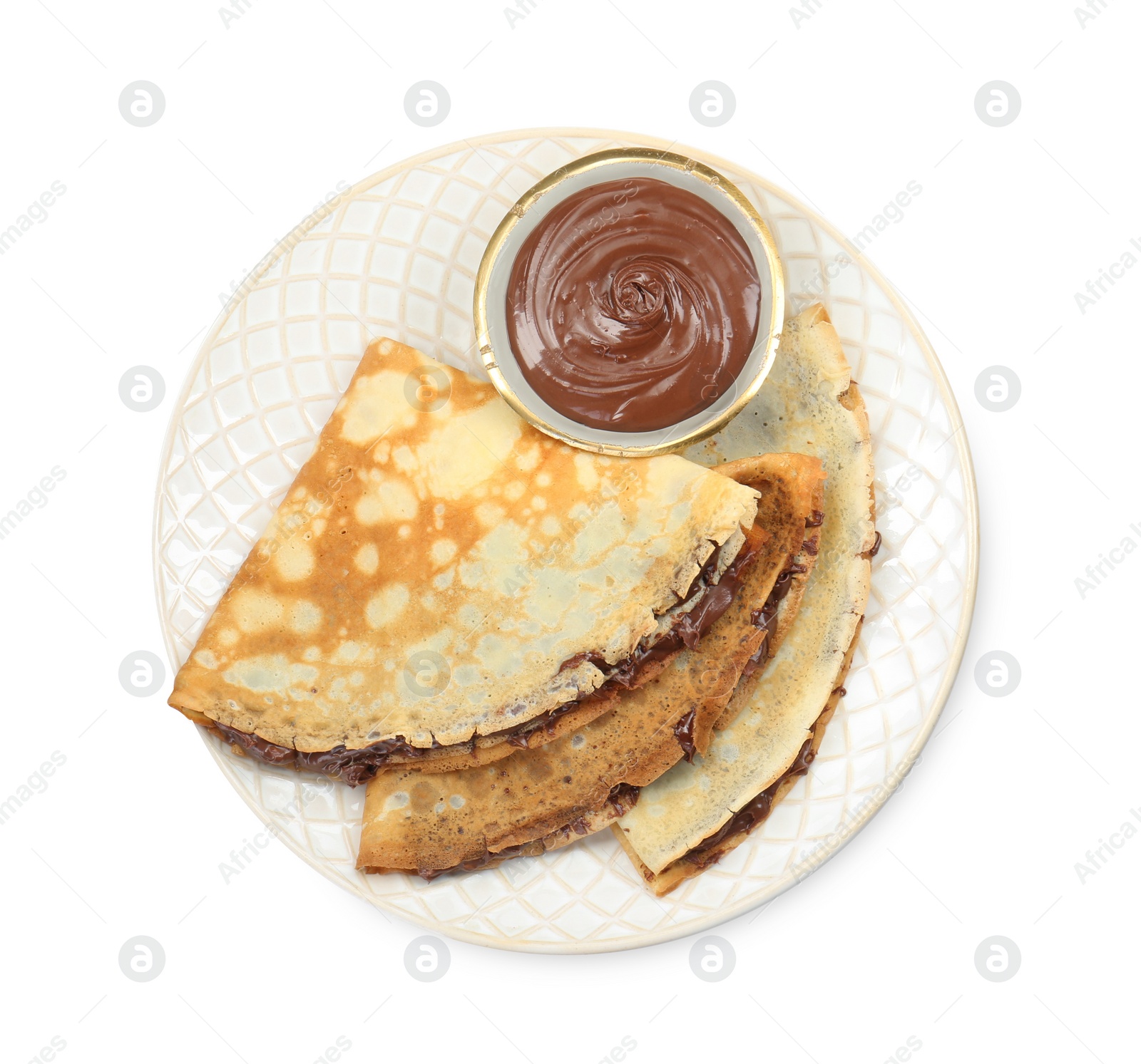 Photo of Tasty crepes with chocolate paste isolated on white, top view