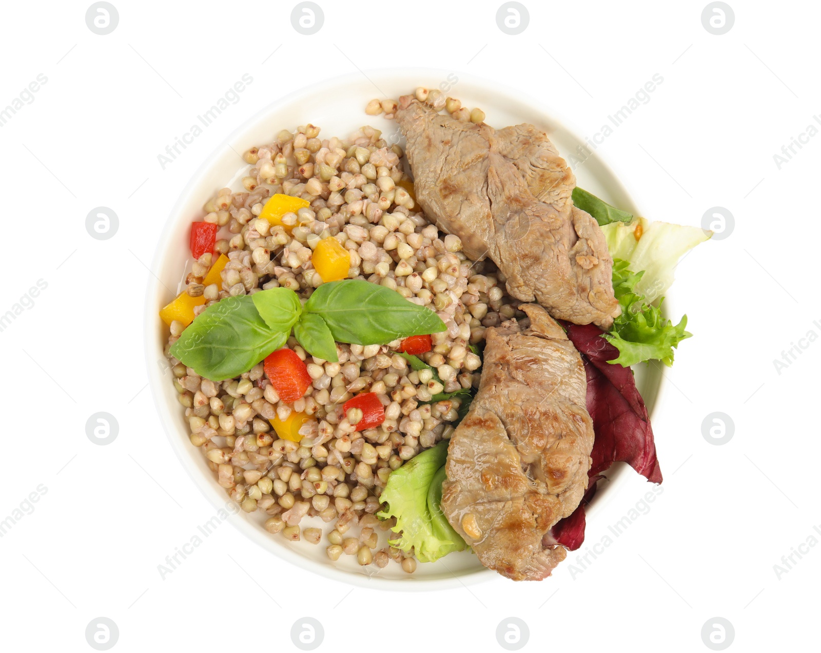 Photo of Tasty buckwheat porridge with meat isolated on white, top view