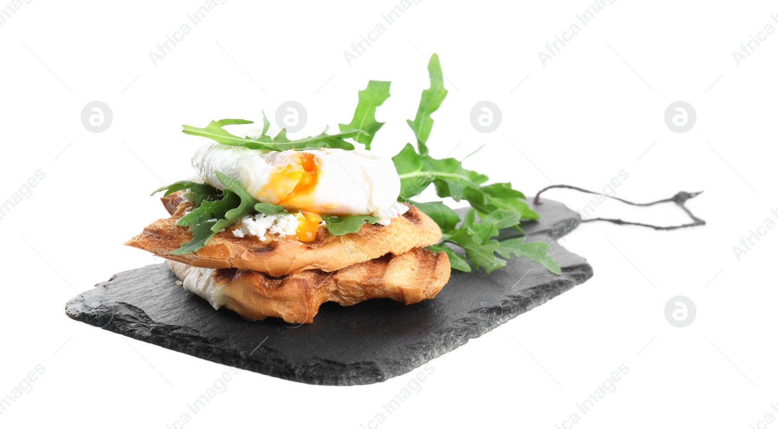 Photo of Delicious sandwich with arugula and egg isolated on white