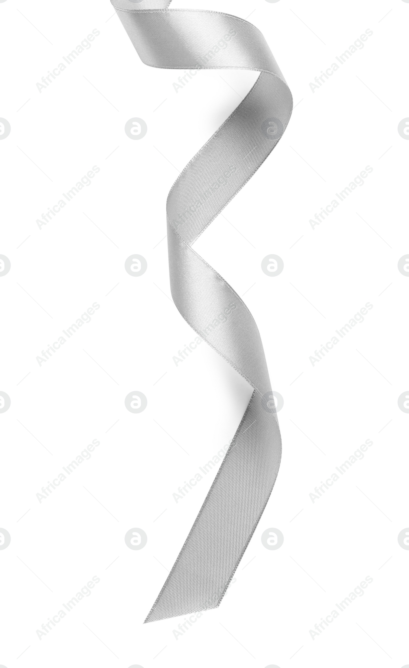 Photo of Beautiful silver ribbon isolated on white, top view