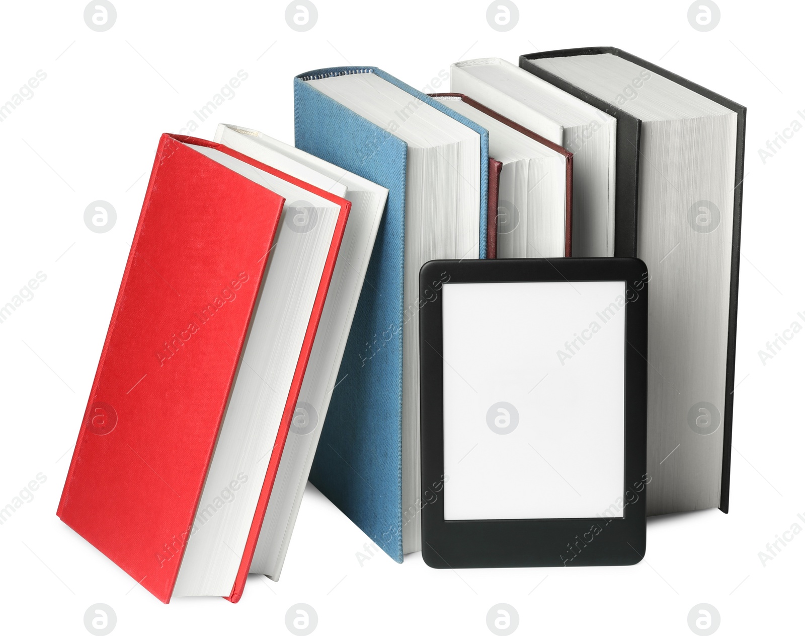 Photo of Hardcover books and modern e-book isolated on white