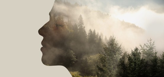 Image of Double exposure of beautiful woman and mountain foggy forest. Banner design