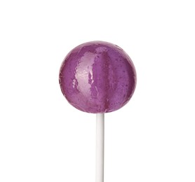 Photo of Tasty violet lollipop isolated on white. Confectionery product