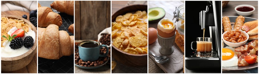 Image of Assortment of tasty breakfasts. Collage with different meals and drinks