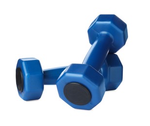 Photo of Blue dumbbells on white background. Weight training equipment