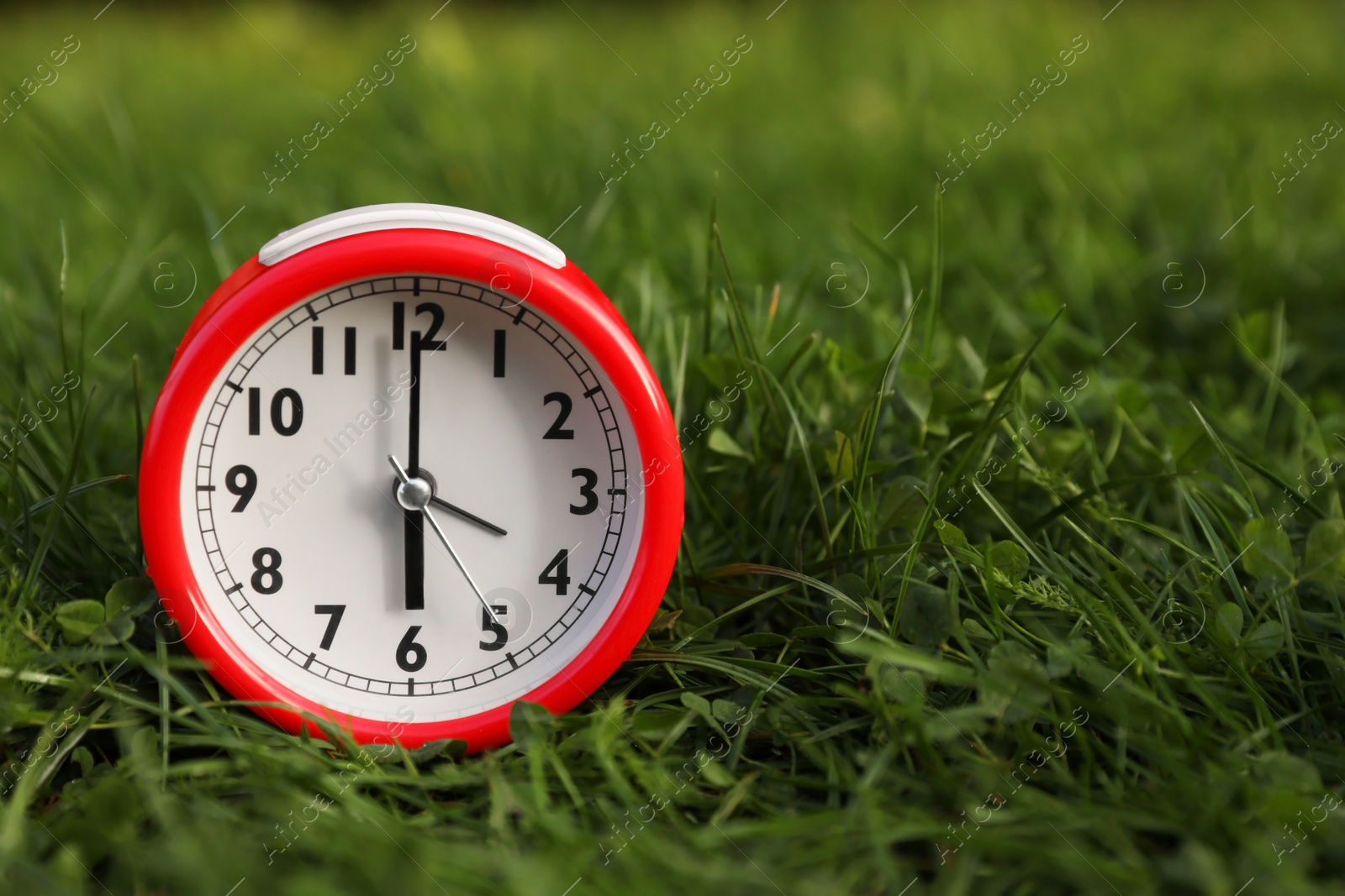 Photo of Red alarm clock on green grass outdoors, space for text