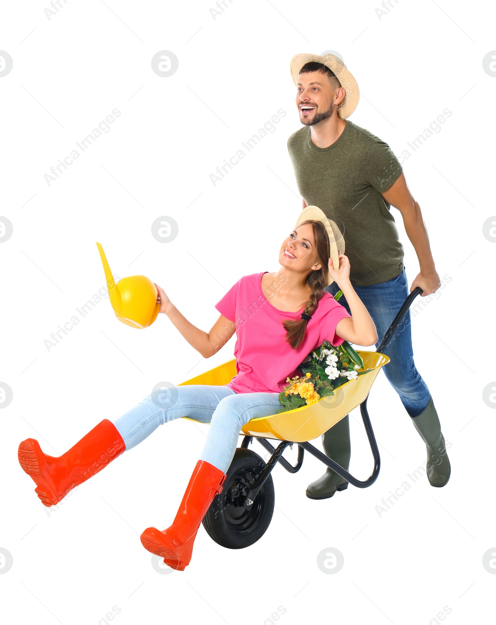 Photo of Couple of gardeners with wheelbarrow on white background