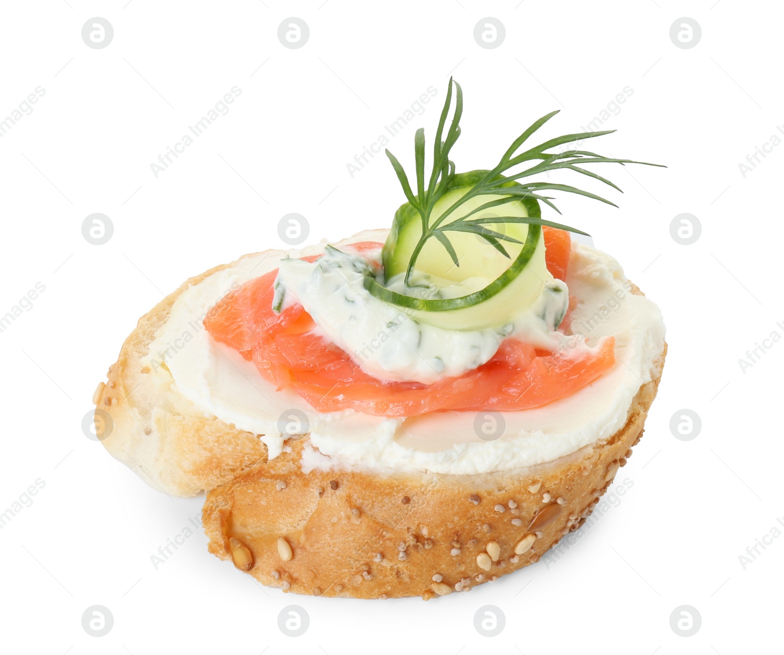 Photo of Tasty canape with salmon, cucumber, cream cheese and dill isolated on white