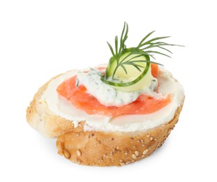 Photo of Tasty canape with salmon, cucumber, cream cheese and dill isolated on white