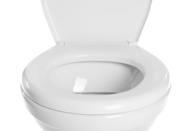 New ceramic toilet bowl on white background, closeup