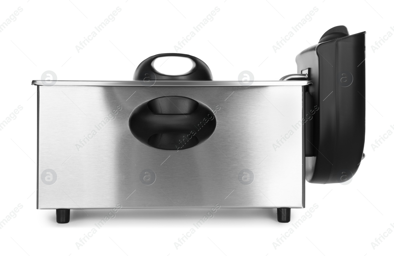 Photo of Modern deep fryer isolated on white. Kitchen device