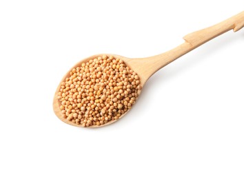 Photo of Spoon with mustard seeds on white background, top view