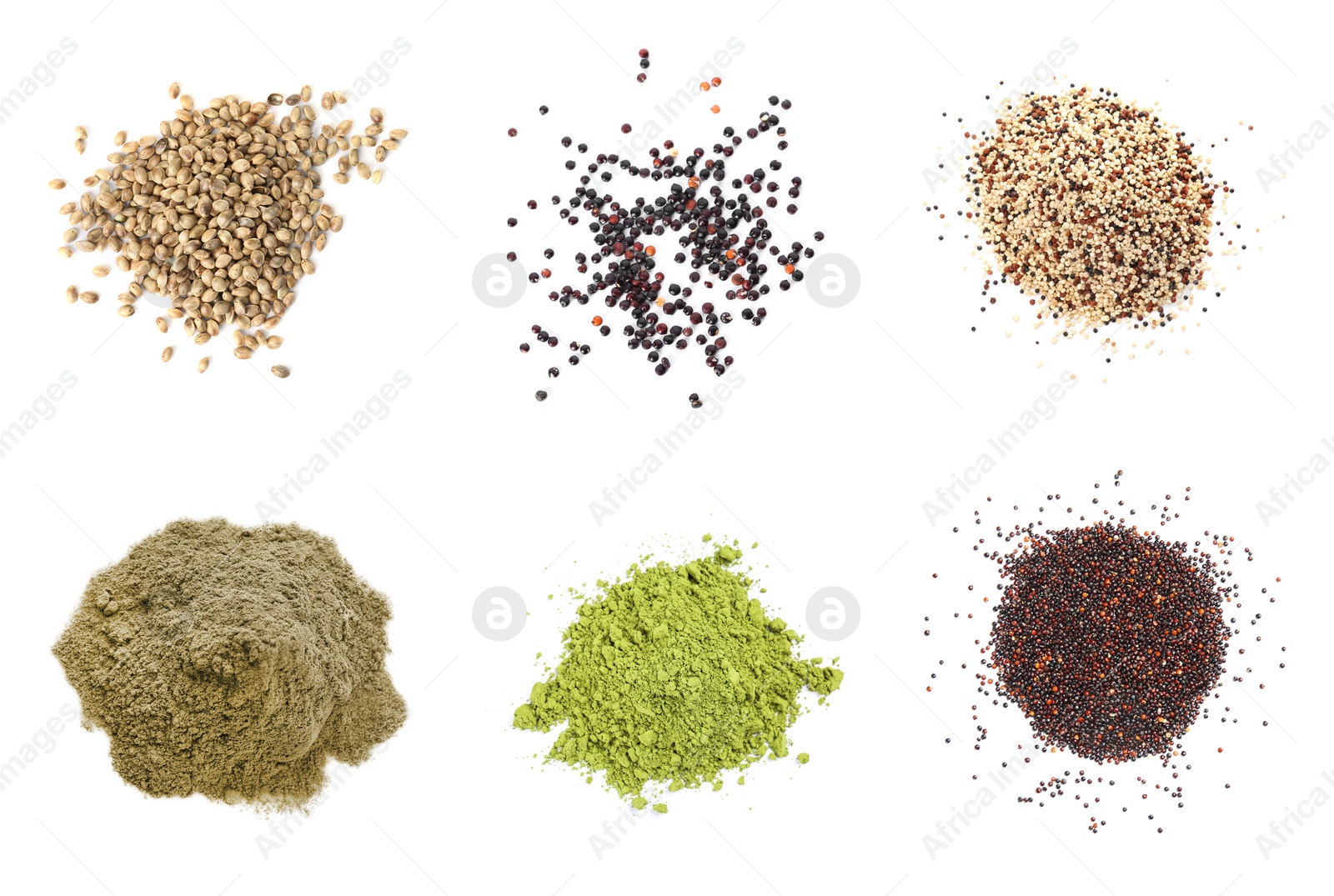 Image of Set of different superfoods on white background, top view