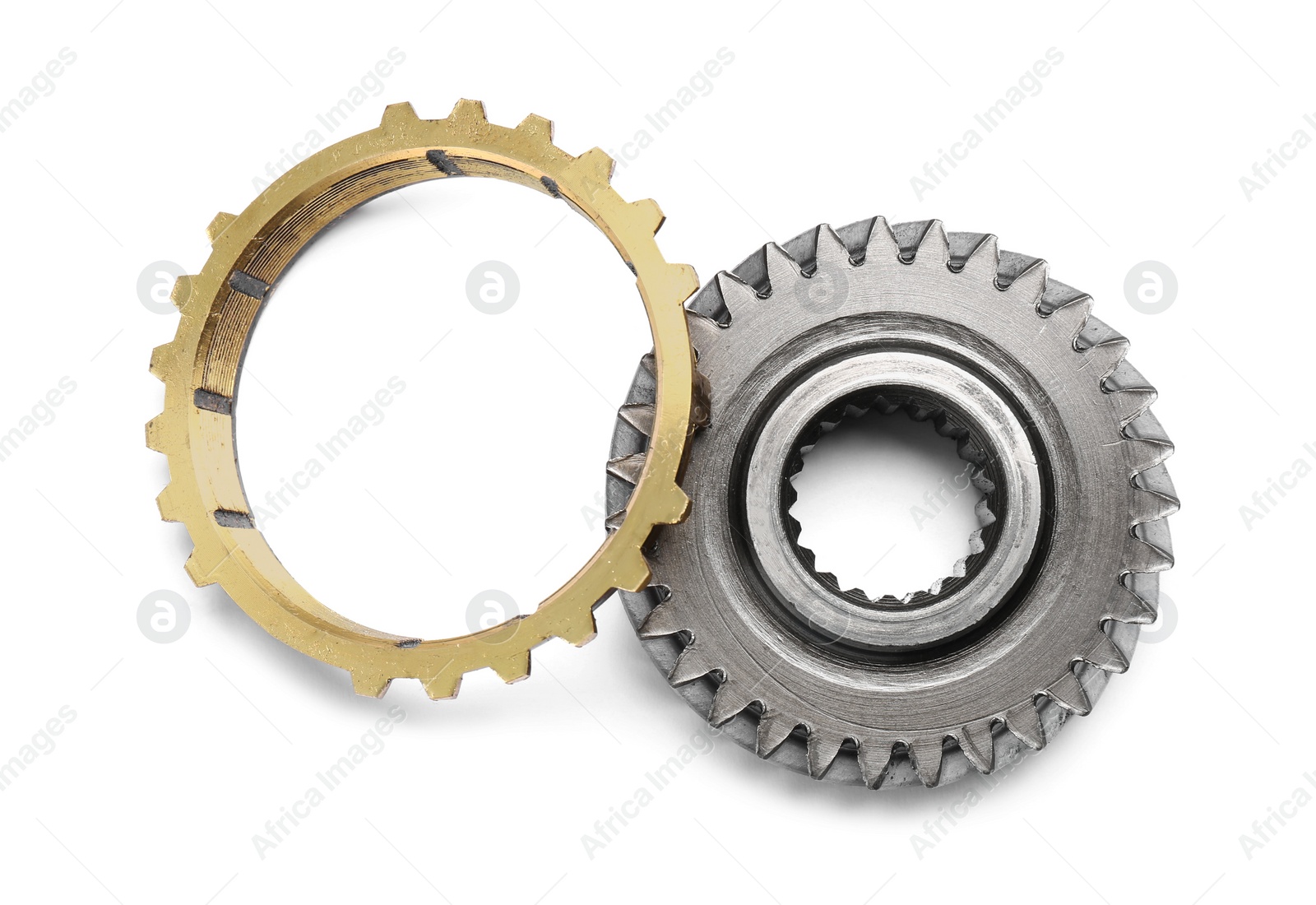 Photo of Different stainless steel gears on white background, top view