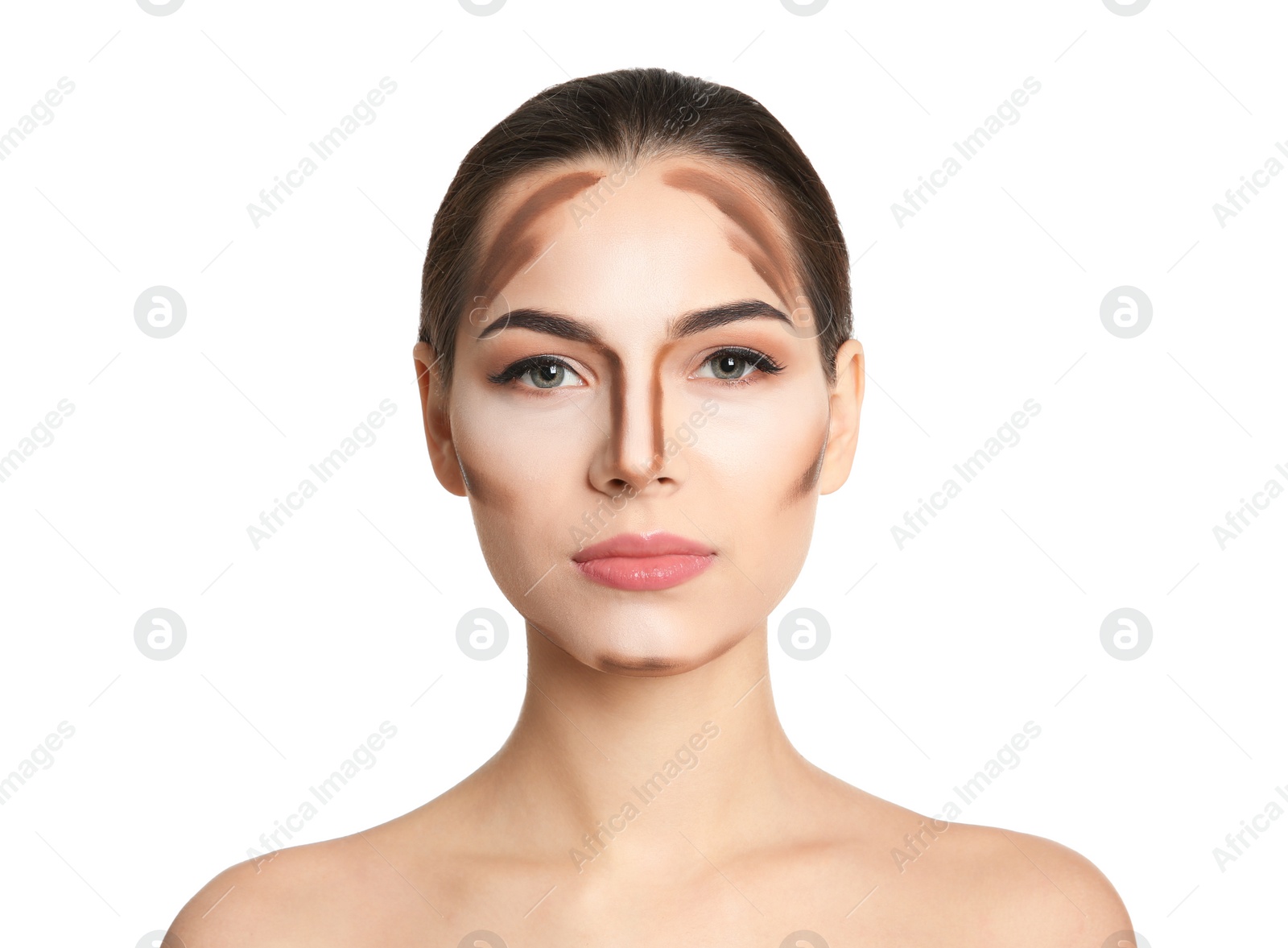 Photo of Young woman with contouring lines on her face against white background. Professional makeup products