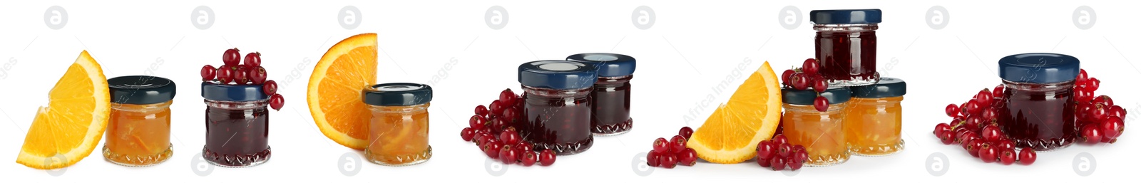 Image of Set with jars of different tasty jam on white background. Banner design 