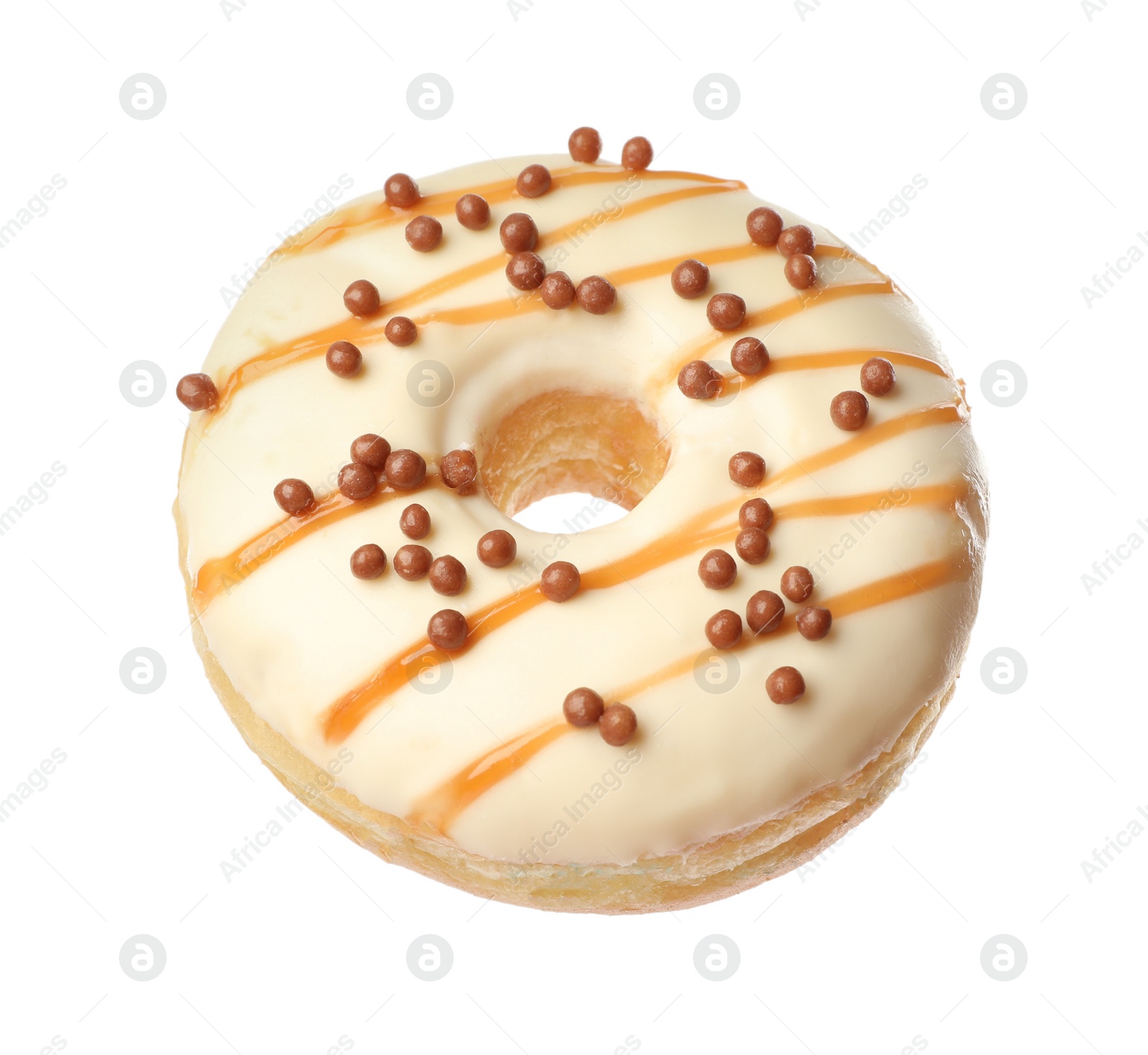 Photo of Sweet tasty glazed donut with crispy balls isolated on white