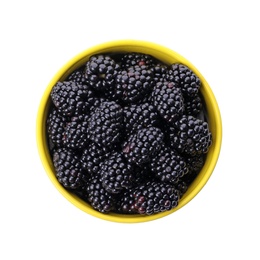 Photo of Yellow bowl of tasty ripe blackberries on white background, top view