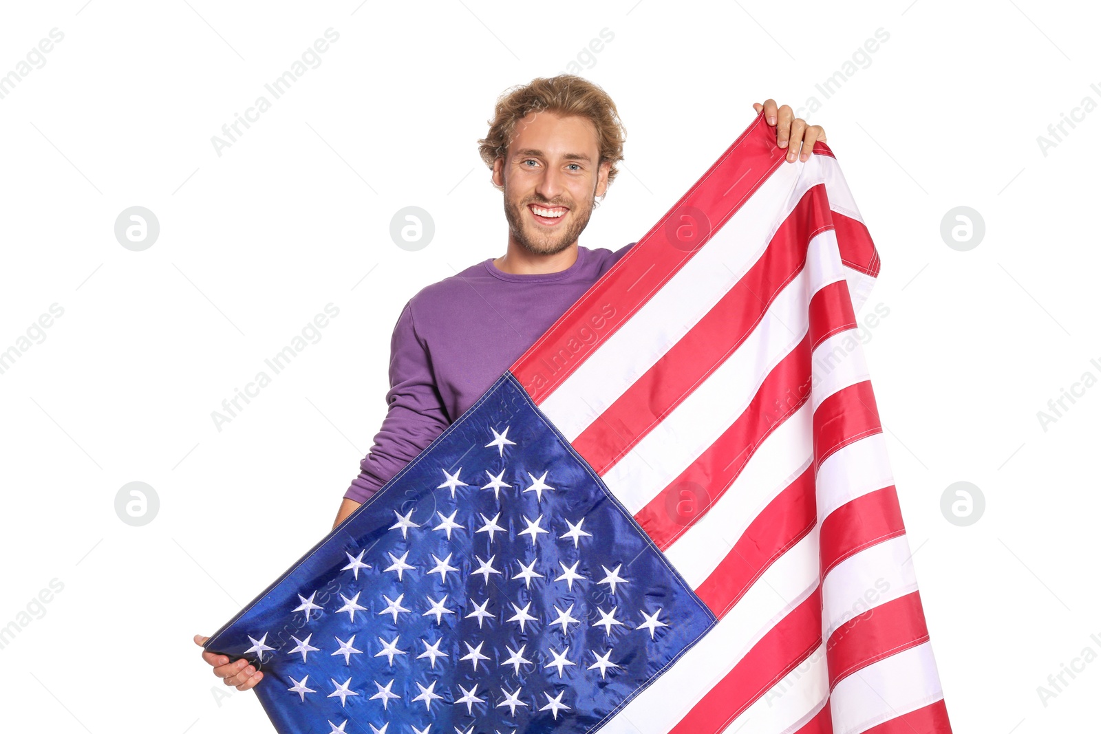 Photo of Young man with American flag on white background