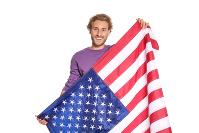 Photo of Young man with American flag on white background