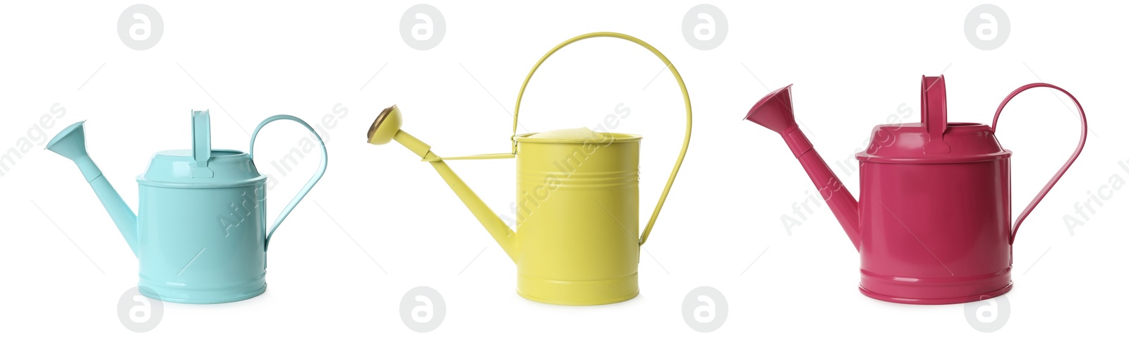 Image of Set with different watering cans on white background. Banner design