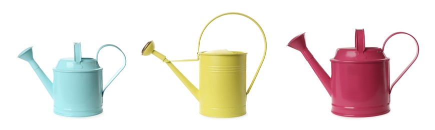 Set with different watering cans on white background. Banner design