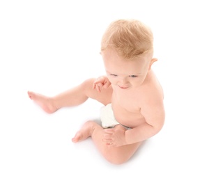 Cute little baby on white background. Crawling time