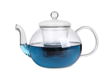Photo of Glass pot of organic blue Anchan on white background. Herbal tea