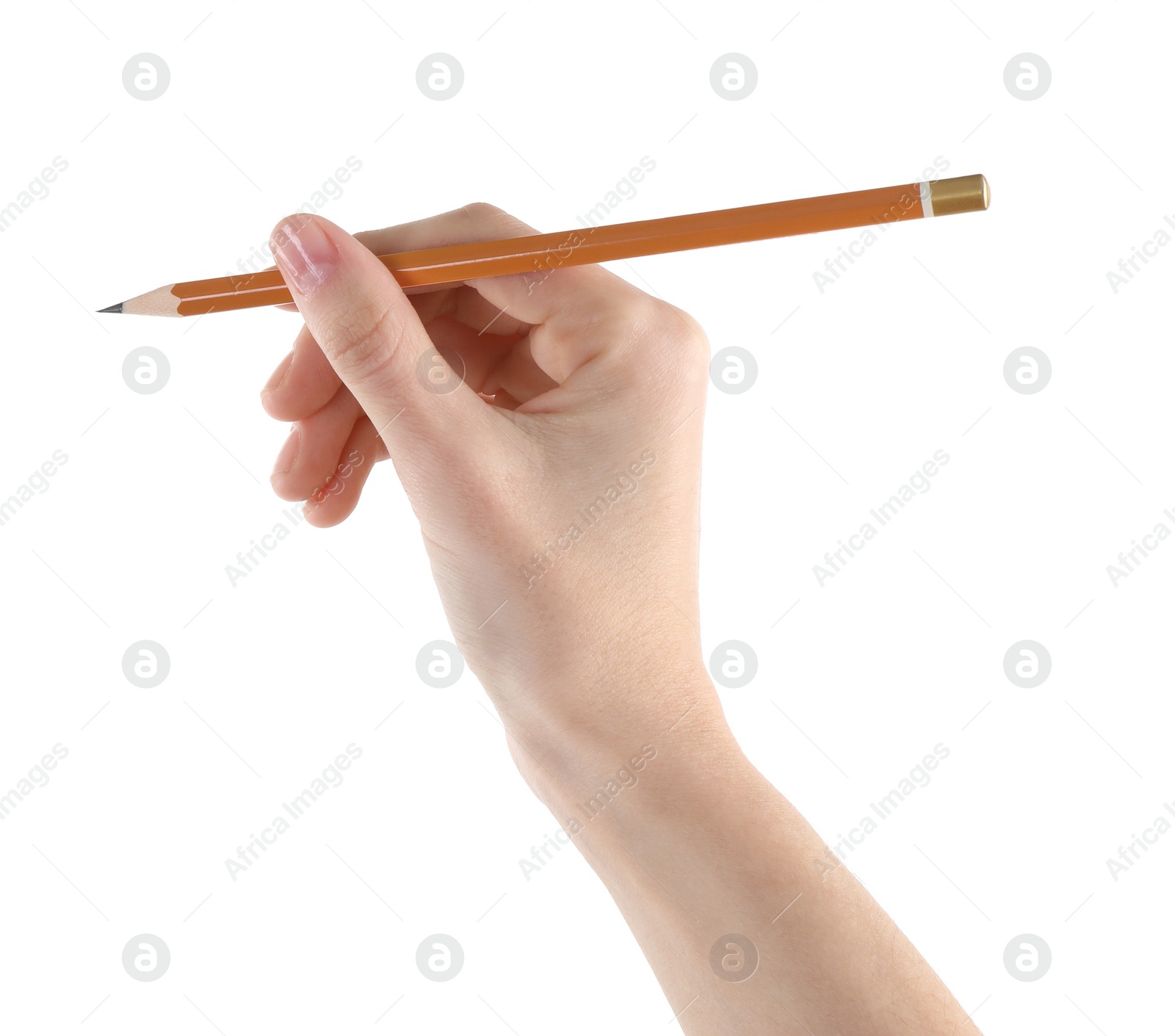 Photo of Woman with graphite pencil on white background, closeup