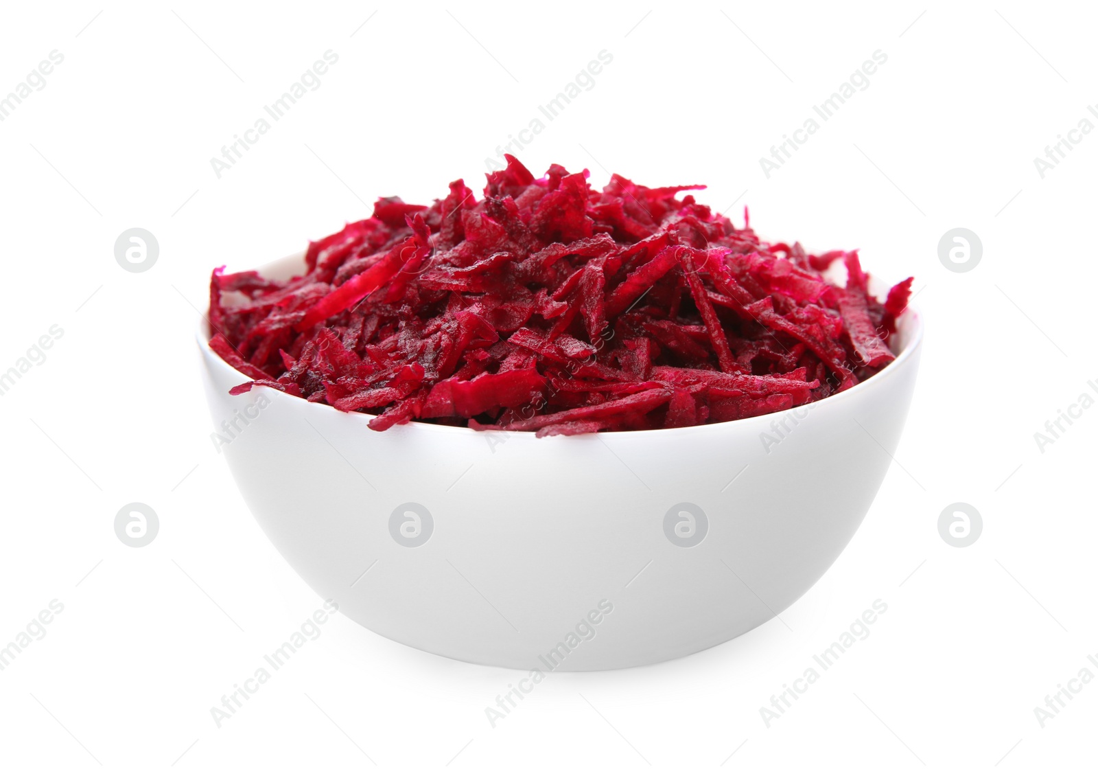 Photo of Bowl of grated fresh red beet on white background