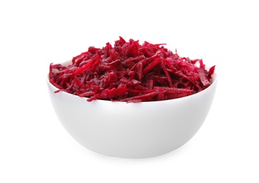 Photo of Bowl of grated fresh red beet on white background