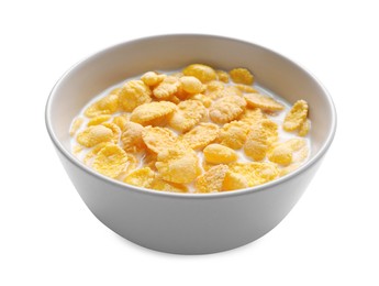 Photo of Tasty corn flakes with milk in bowl isolated on white