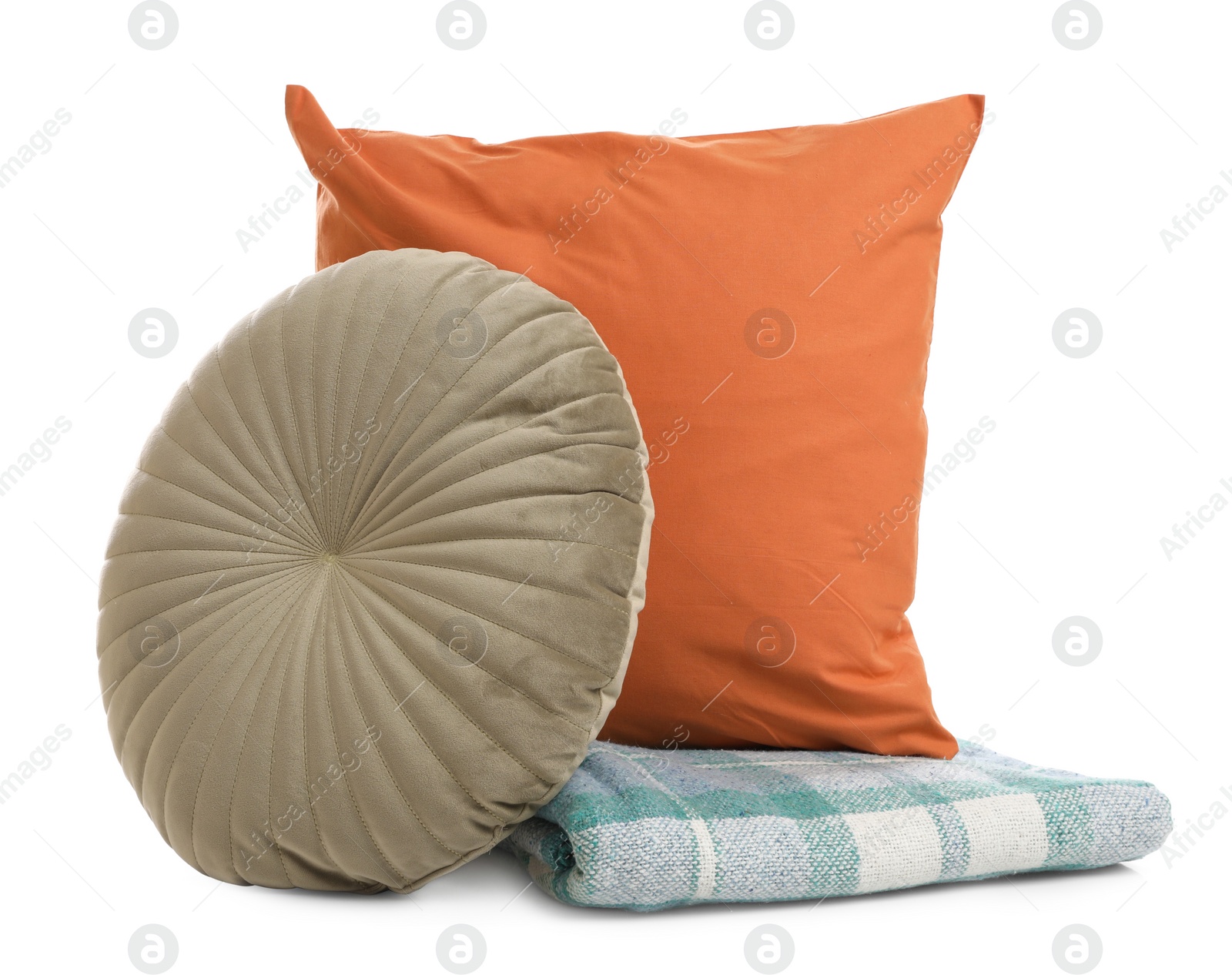 Photo of Stylish soft pillows and blanket on white background