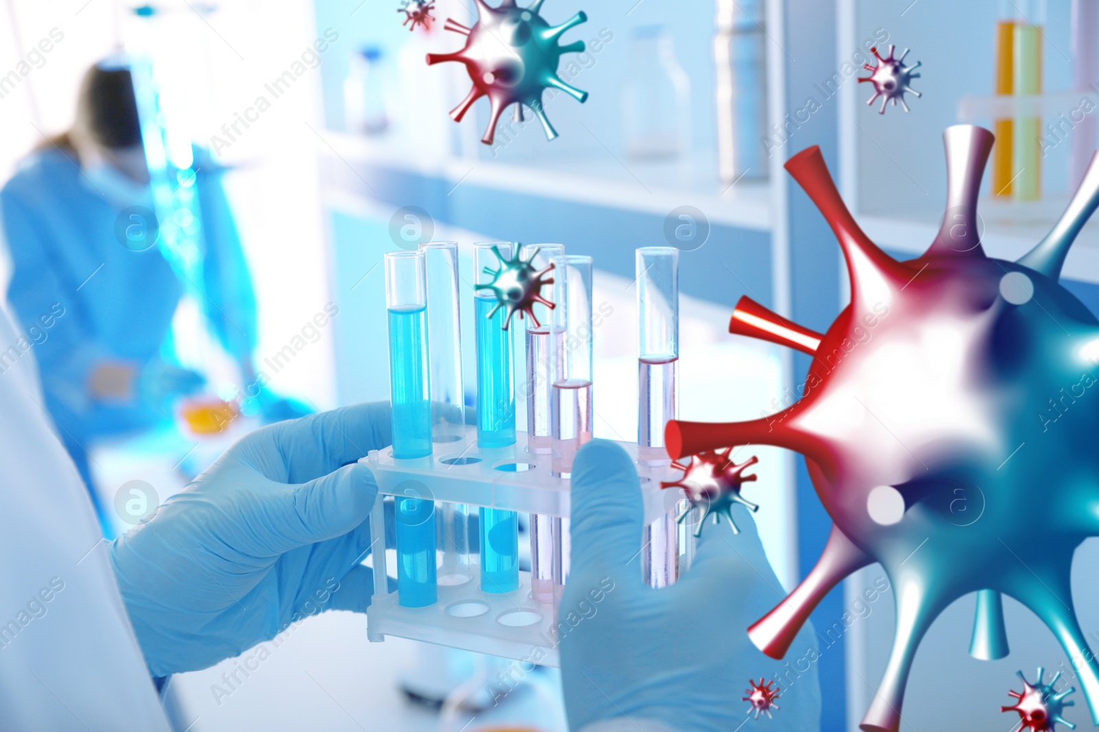 Image of Scientist holding test tubes with liquids in laboratory. Researching of coronavirus