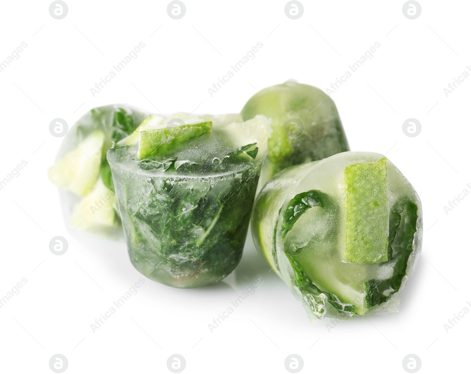 Photo of Lime and mint ice cubes on white background