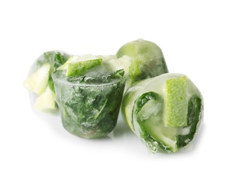 Photo of Lime and mint ice cubes on white background