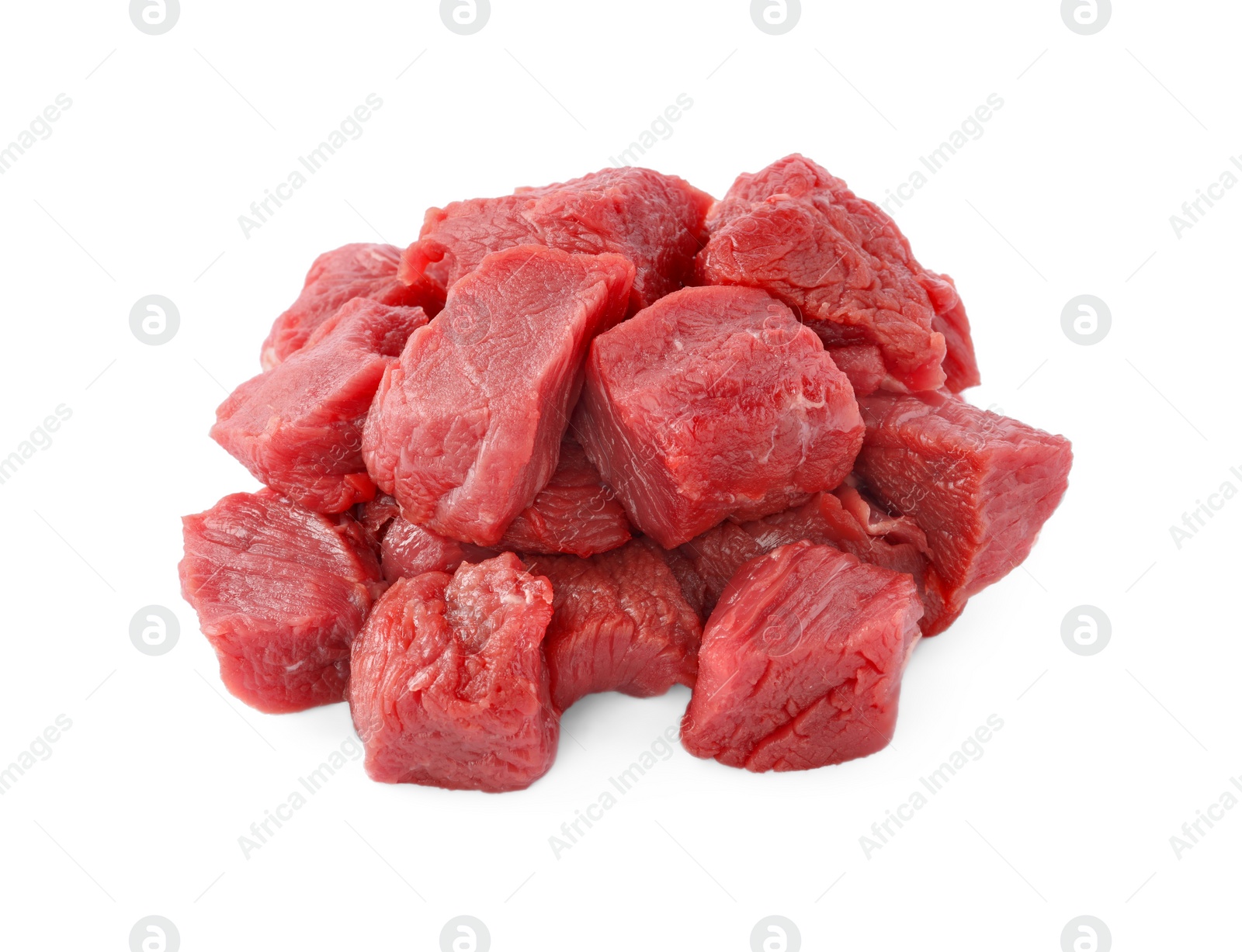 Photo of Pieces of raw beef meat isolated on white