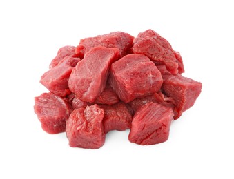 Photo of Pieces of raw beef meat isolated on white