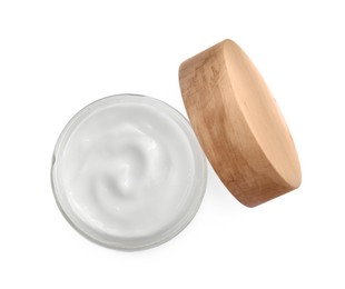 Photo of Jar of hand cream isolated on white, top view