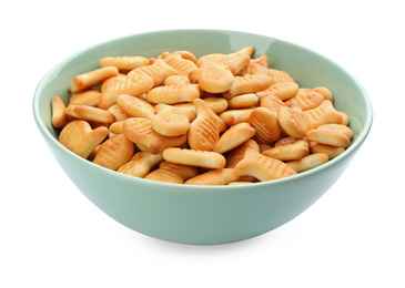 Photo of Delicious goldfish crackers in bowl isolated on white