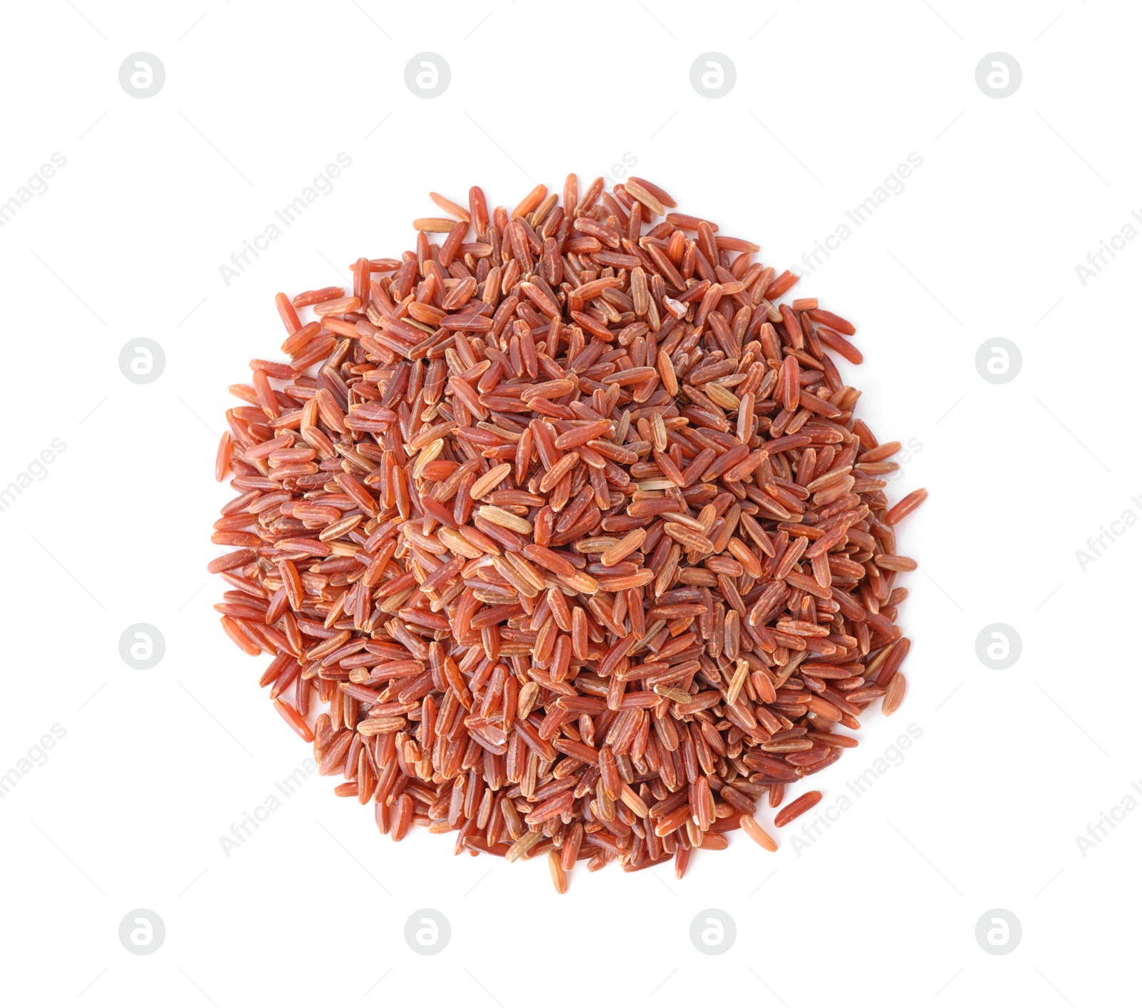 Photo of Uncooked brown rice isolated on white, top view