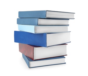 Photo of Stack of hardcover books on white background