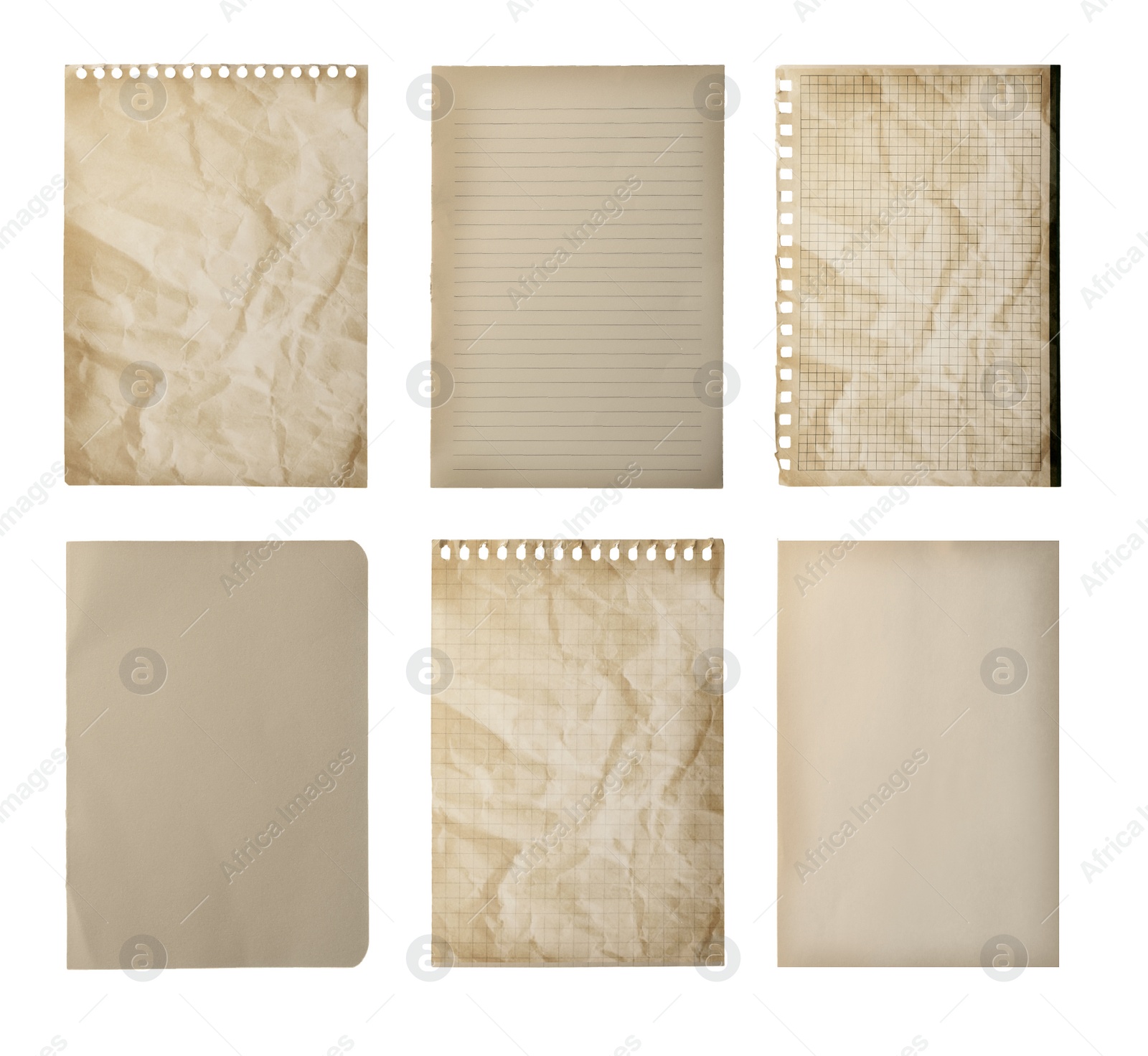 Image of Set of different old notebook papers on white background