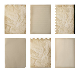 Image of Set of different old notebook papers on white background
