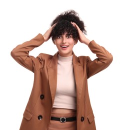 Photo of Beautiful emotional businesswoman in suit on white background