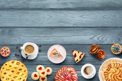 Image of Flat lay composition with different delicious pies on blue wooden table. Space for text