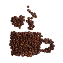 Cup of hot drink, composition made with coffee beans isolated on white, top view